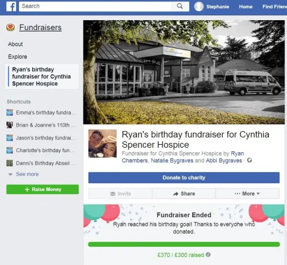 Ryan's birthday fundraiser smashed its original target raising £370