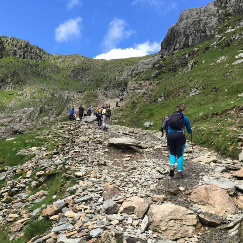 Walkers climbing a rocky path up Snowdon